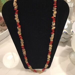 Handcrafted Red Bead/Seed and Shell Necklace